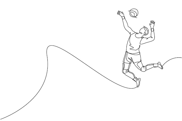 Dibujo de línea continua única jugador masculino joven atleta de voleibol en acción saltando vector de pico