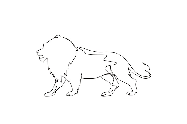 Vector dibujo de línea continua única león fuerte de pie rey de cuerpo completo de la selva mascota de mamífero felino fuerte logotipo de animal de gato grande peligroso dibujo dinámico de una línea diseño gráfico ilustración vectorial