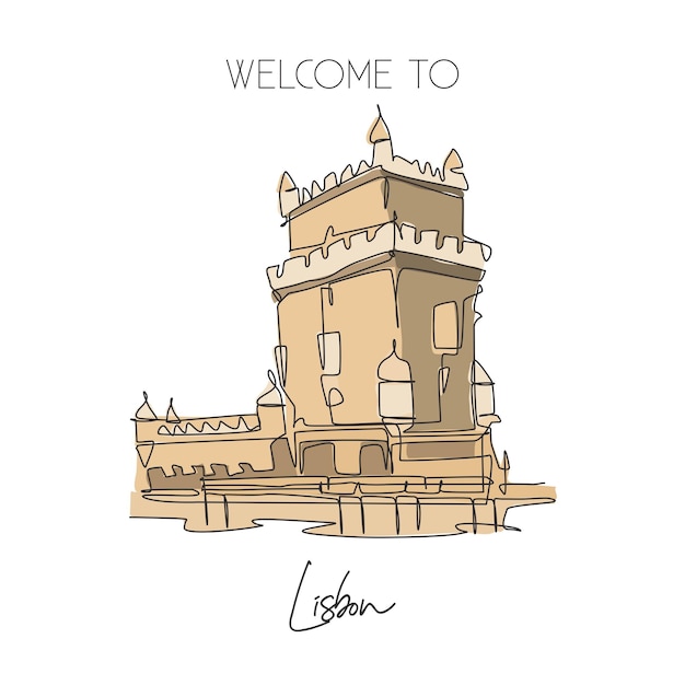 Dibujo de línea continua única Monumento de la Torre Belem Lugar famoso en Lisboa Portugal vector de diseño