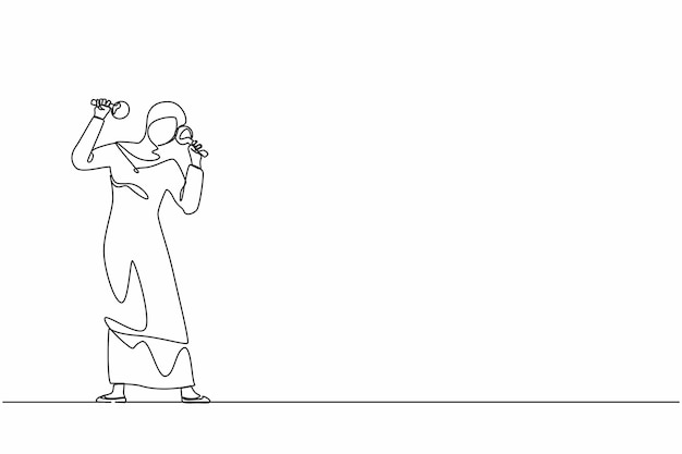 Dibujo de línea continua única Mujer árabe de banda callejera jugadora de mariachi toca maracas vector de diseño