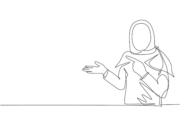 Dibujo de línea continua única mujer árabe en hijab presentando algo vector de diseño gráfico