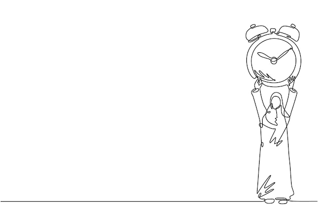 Dibujo de línea continua única mujer de negocios árabe levantando despertador en las manos Vector de reloj de tiempo