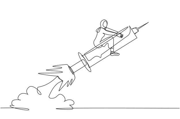Dibujo de línea continua única mujer de negocios árabe montando un cohete de jeringa volando en el vector del cielo