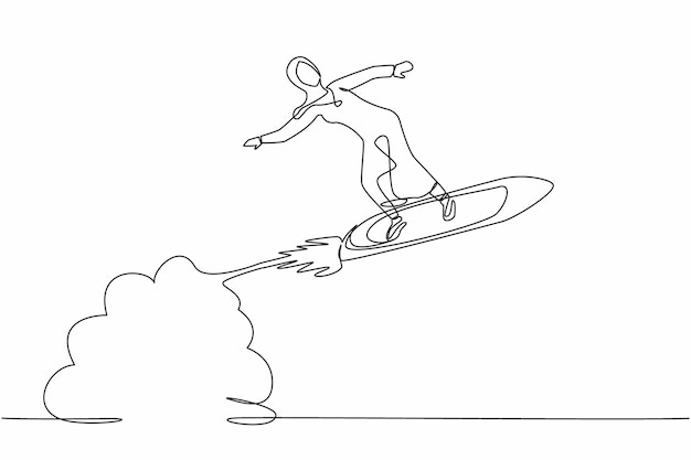 Dibujo de línea continua única mujer de negocios árabe montando una tabla de surf un cohete volando en el cielo