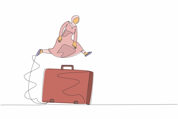 Dibujo de línea continua única mujer de negocios árabe saltando sobre un gran maletín ilustración vectorial
