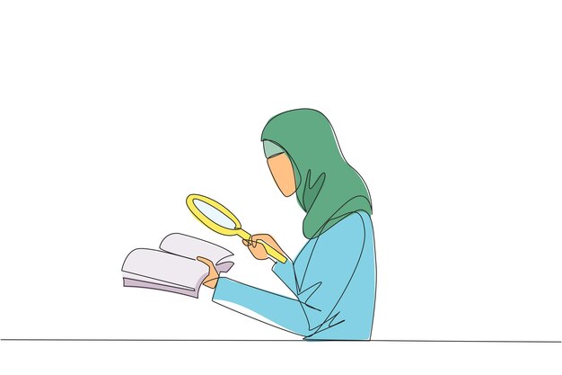 Dibujo de línea continua única Mujer de negocios árabe sostiene el libro y lo examina con lúpula vectorial