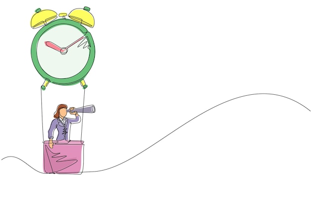 Dibujo de línea continua única mujer de negocios gerente o empleado montar globo de aire caliente despertador
