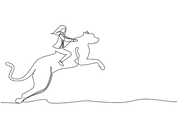 Dibujo de línea continua única mujer de negocios montando guepardo símbolo de éxito Concepto de metáfora empresarial mirando el liderazgo de logro de objetivos Una línea dibujar diseño gráfico ilustración vectorial