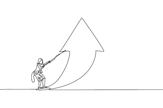 Dibujo de línea continua única de una mujer de negocios tirando de la flecha hacia arriba símbolo dirección trabajador vector