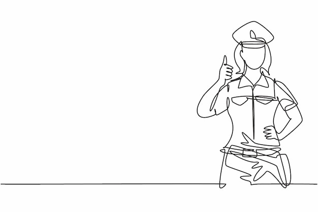 Dibujo de línea continua única de la mujer policía con un pulgar hacia arriba y en un vector de diseño uniforme completo