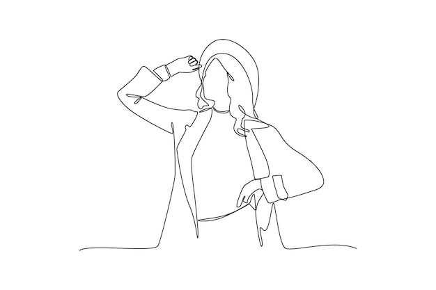 Dibujo de línea continua única de mujer usar sombrero para estilo de moda Ícono de estilo de moda Estilo de boutique Swirl curl Estilo dinámico de una línea dibujo de diseño gráfico ilustración vectorial