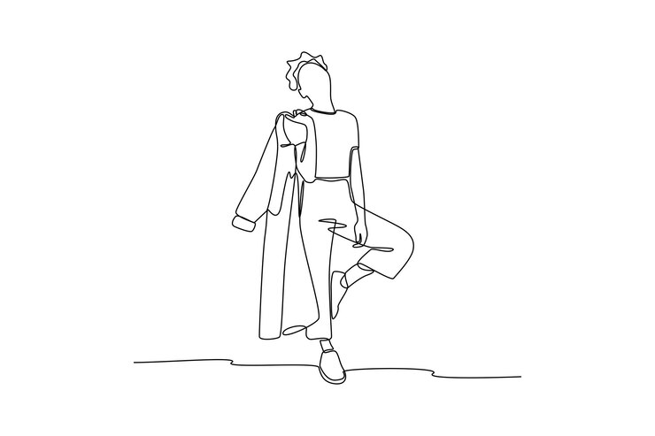 Vector dibujo de línea continua única de mujeres colgando su ropa en los hombros para tomar una foto ícono de estilo de moda estilo de boutique swirl curl estilo dinámico de dibujo de una línea diseño gráfico ilustración vectorial