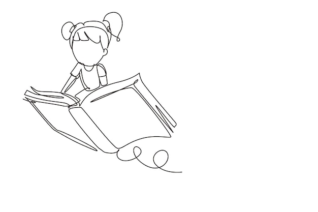 Dibujo de línea continua única niña estudiante o niño en edad preescolar volando en un libro mágico Niños felices volando en el libro Concepto de poder de conocimiento Dibujo dinámico de una línea ilustración vectorial de diseño gráfico