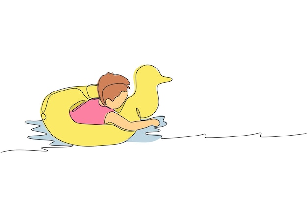 Dibujo de línea continua única niño feliz jugando con ilustración de vector de diseño de anillo flotante