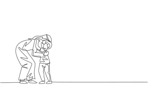 Dibujo de línea continua única padre árabe abraza a su hijo antes de ir a la escuela vector familiar islámico