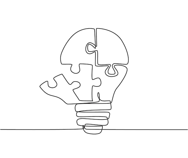 Dibujo de línea continua única de parte de los rompecabezas que forman la etiqueta de la bombilla Icono de la empresa inteligente del equipo