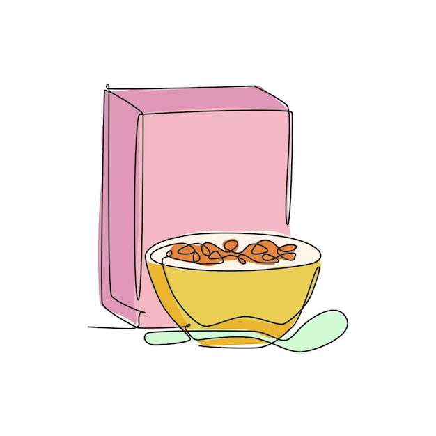 Vector dibujo de línea continua única tazón estilizado de caja de cereales para el desayuno en la mesa de comedor vector de diseño