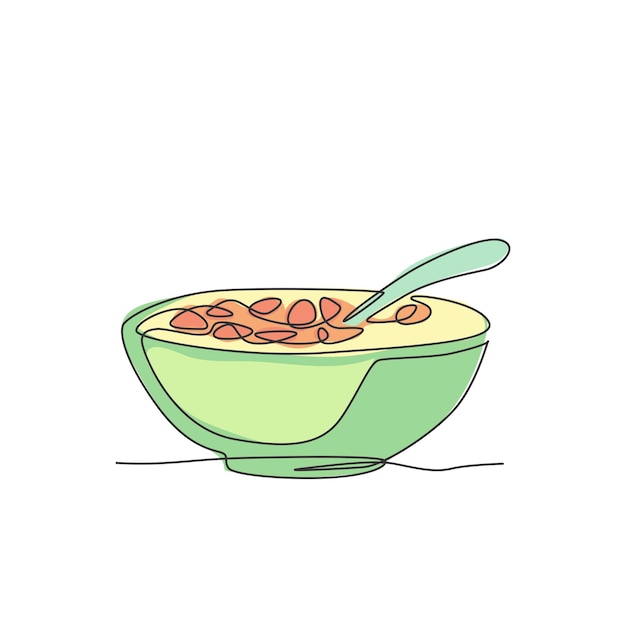 Dibujo de línea continua única de un tazón estilizado de cereal, leche para el desayuno, vector de diseño de trigo integral