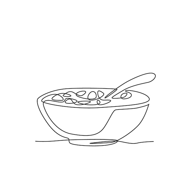 Dibujo de línea continua única de un tazón estilizado de cereal, leche para el desayuno, vector de diseño de trigo integral