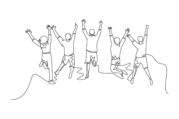 Dibujo de línea continua única vista posterior grupo de jóvenes felices hombres y mujeres saltando juntos para celebrar sus vacaciones Concepto de viaje de viaje Ilustración de vector de diseño gráfico de dibujo de una línea
