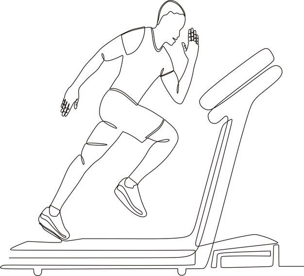 Dibujo de línea continua vectorial de un hombre corriendo en una cinta rodante