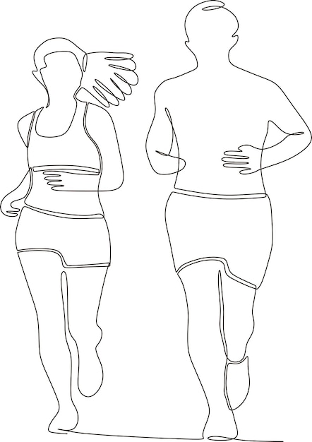 Vector dibujo de línea continua vectorial de un hombre y una mujer haciendo deporte