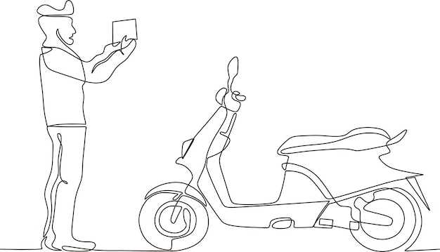 Dibujo de línea continua vectorial del hombre de negocios que vende motocicletas