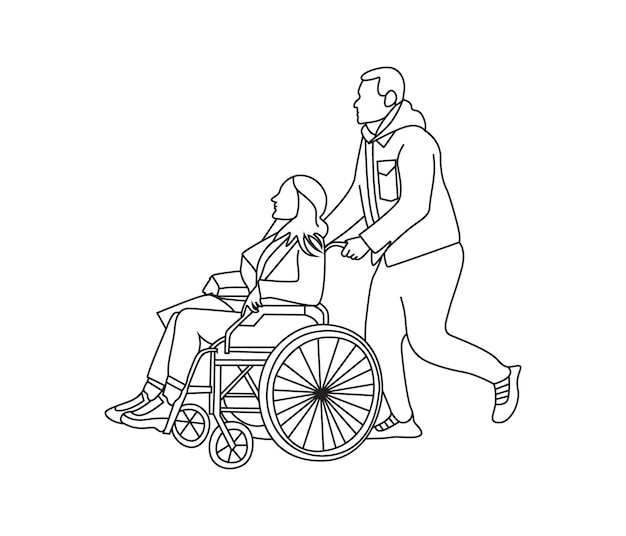 dibujo de línea continua vectorial de una persona en silla de ruedas