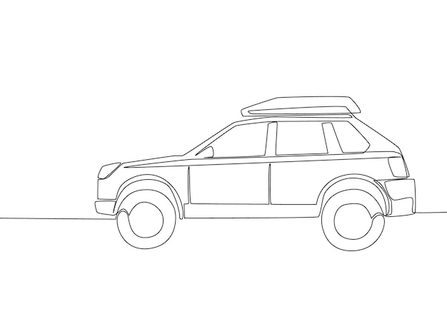 Dibujo de línea continua de un vehículo todoterreno resistente con portaequipajes Concepto de transporte de vehículos de aventura