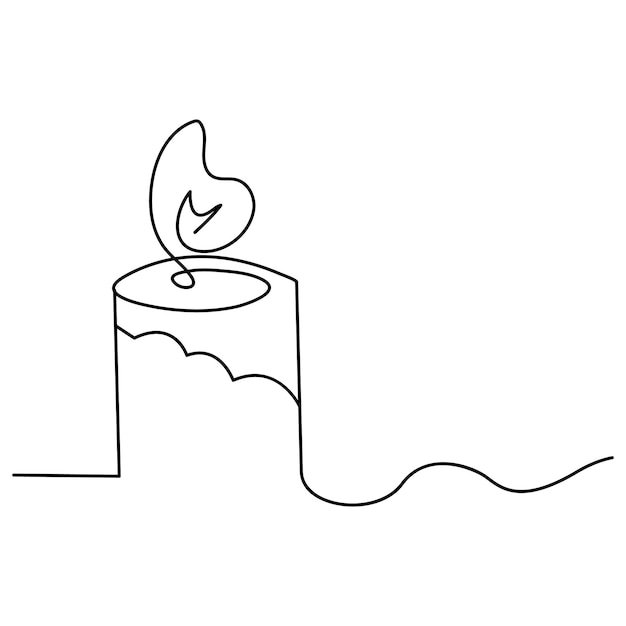 Un dibujo de línea continua de vela encendida y fuego ardiente y vela derretida luz en la oscuridad