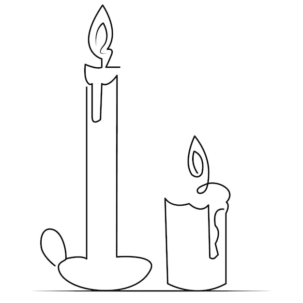 Un dibujo de línea continua de vela encendida y fuego ardiente y vela derretida luz en la oscuridad