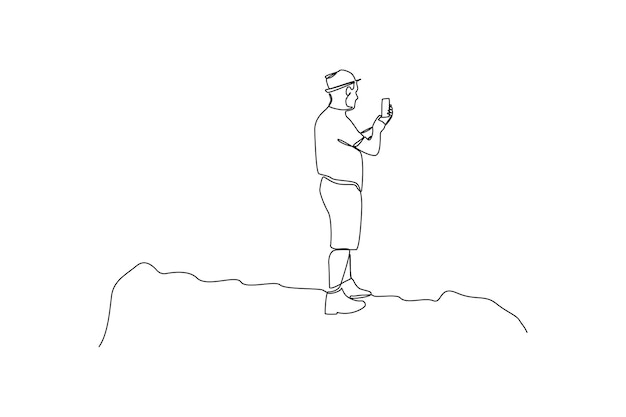 Un dibujo de línea continua de Viajero o explorador en concepto de montaña o valle Ilustración de vector de Doodle en estilo lineal simple