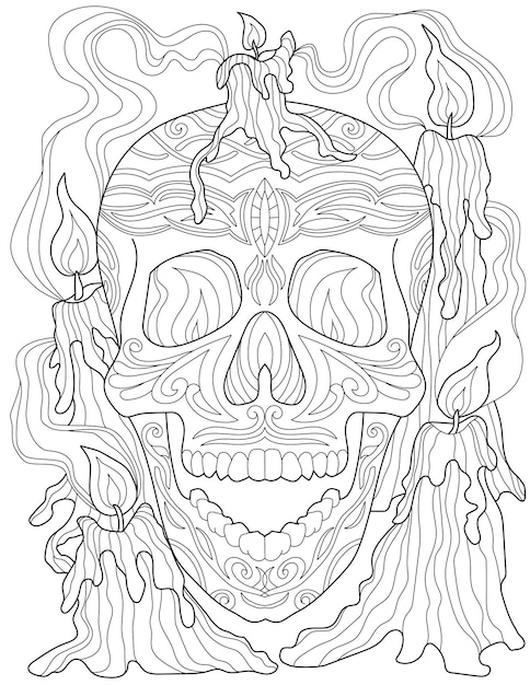 Dibujo de línea de cráneo de tatuaje rodeado de velas encendidas con la boca bien abierta. Scary Sceleton Head Drawing Antorcha ardiente cerrada y entorno ahumado.