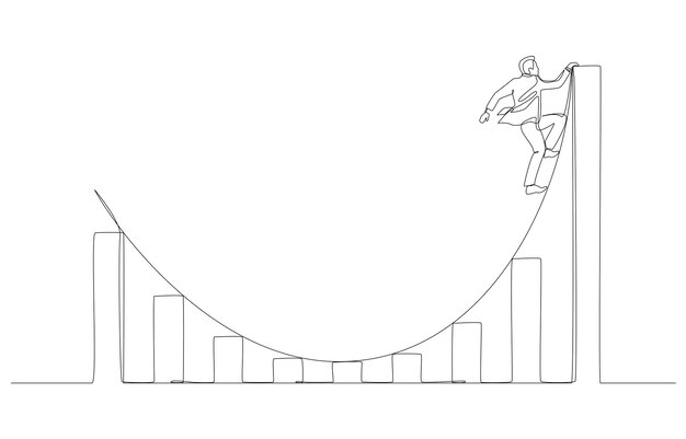Un dibujo de línea de la curva de escalada del hombre de negocios en el gráfico de barra de recuperación concepto de recuperación de negocios