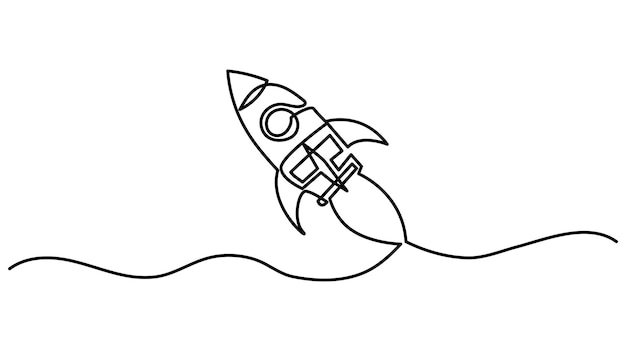 Un dibujo de línea editable continuo de una nave espacial retro que vuela hacia arriba Lanzamiento de la nave espacial Rocket i