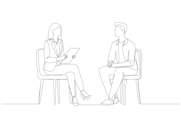 Un dibujo de línea de una ejecutiva de cuenta que se reúne con un cliente para obtener comentarios sobre la relación con el cliente