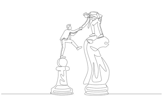 Un dibujo de línea de un empresario sénior ayudando a un joven empresario a subir de peón a caballo de ajedrez