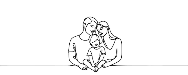 Un dibujo de una línea de una familia de pie juntos una ilustración de línea de la familia