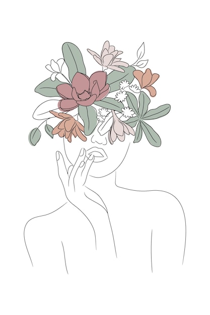 Dibujo de línea femenina de impresión de cabeza floral de mujer