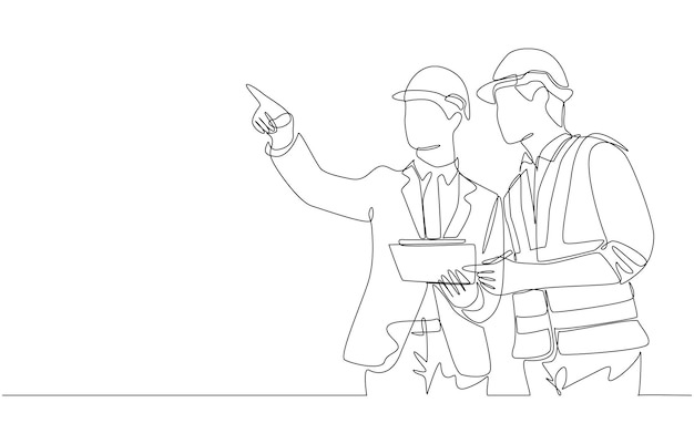 Un dibujo de línea del gerente de ingeniería discutiendo el diseño de la construcción con el capataz de la construcción
