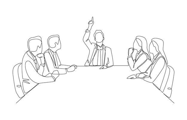 Un dibujo de línea de un gerente de negocios señalando con el dedo el gesto para mostrar a los empleados una reunión de negocios