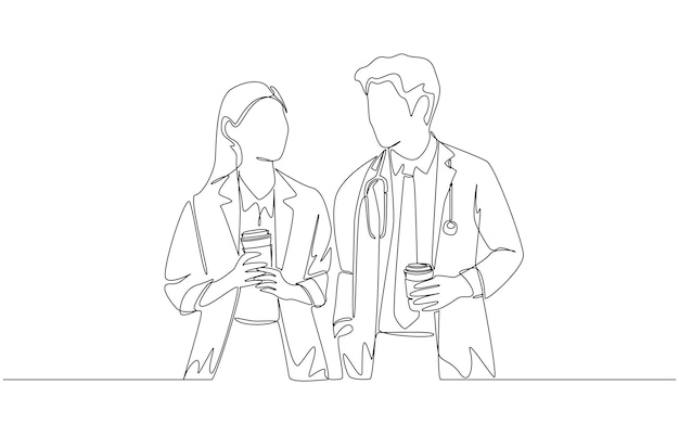 Un dibujo de una línea de un grupo de médicos masculinos y femeninos hablando juntos mientras sostienen una taza de café