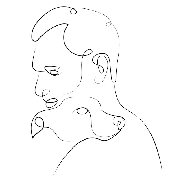dibujo de una línea de un hombre abrazando a su perro mostrando amor por su mascota para logotipos varios diseños