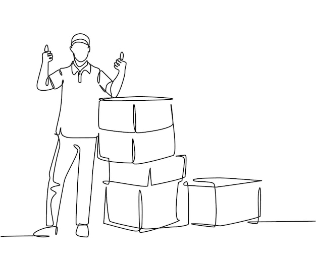 Un dibujo en línea de un hombre de entrega levantando el pulgar mientras levanta y entrega paquetes de cajas de cartón al cliente