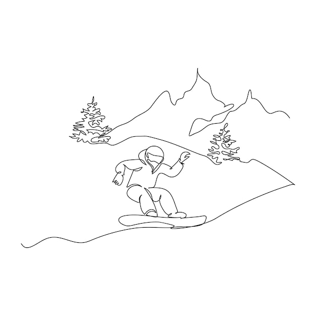 Dibujo de una línea de un hombre haciendo deporte de vacaciones de invierno Ilustración vectorial esquiador esquí de descenso
