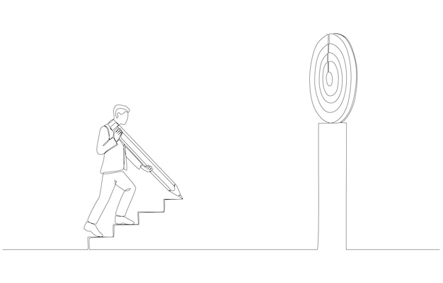 Un dibujo de línea de un hombre de negocios dibujando una escalera para alcanzar la ambición de alcanzar el concepto de meta empresarial