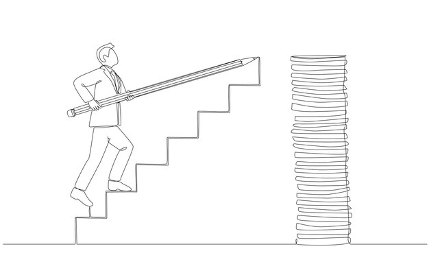 Un dibujo de línea de un hombre de negocios dibujando una escalera para llegar a una pila de monedas alta aumento del concepto de ingresos