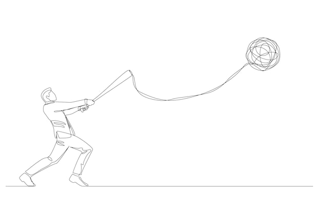 Un dibujo de línea de un hombre de negocios golpeando una pelota de línea desordenada más lejos lidiando con el estrés en el trabajo