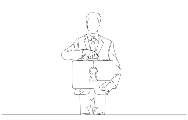 Un dibujo de línea de un hombre de negocios sosteniendo un maletín con el símbolo del agujero de la llave concepto de secreto de negocios