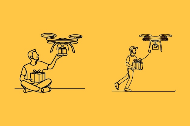 un dibujo de una línea de un hombre volando un drone de entrega entregando una caja de regalos con una sonrisa en
